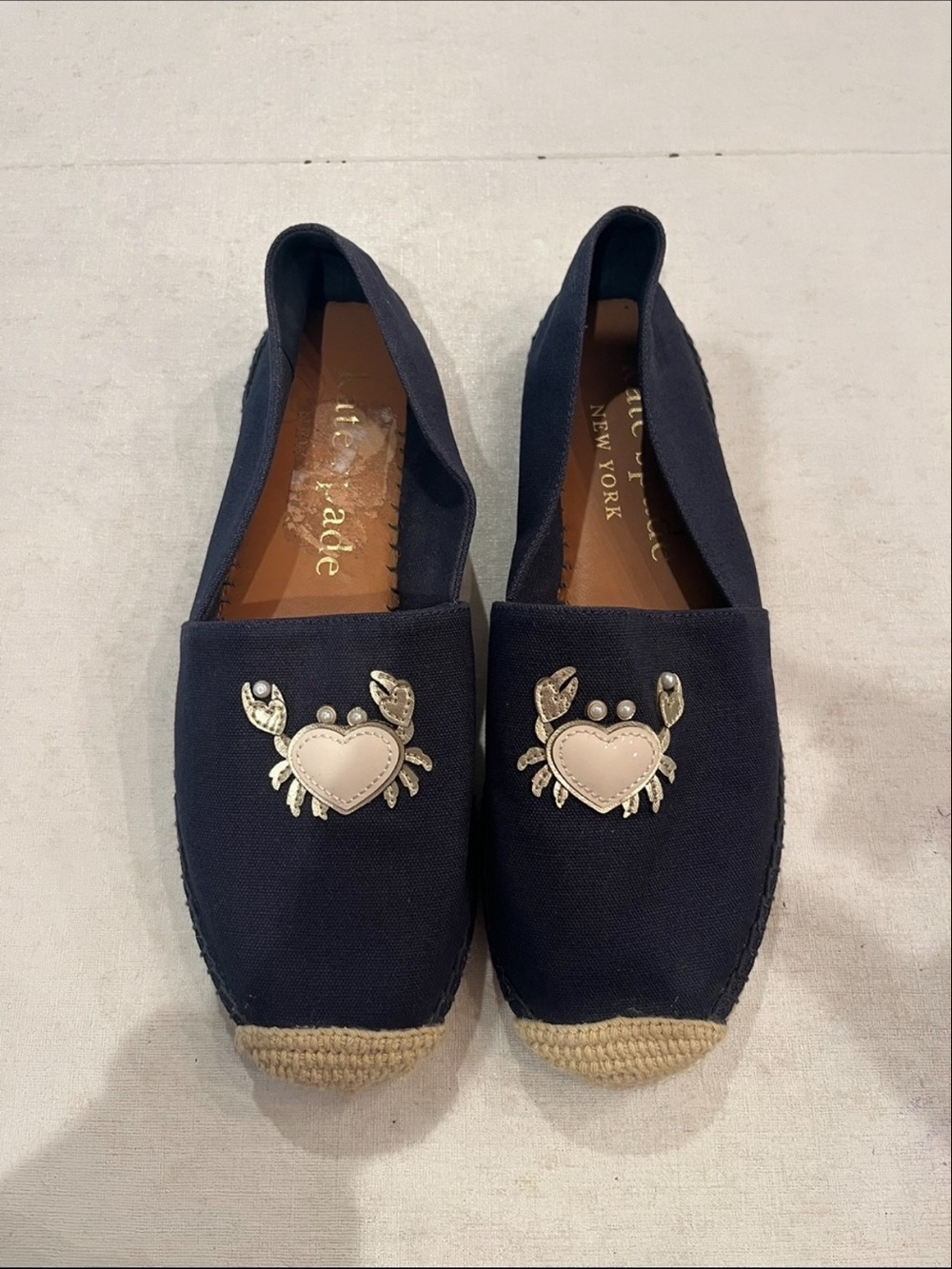 Kate Spade Navy Canvas Espadrilles with Heart Crab Accent patches. GUC!